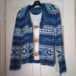 Ralph Laruen Blue and white Cardigan Aztec design, blanket looking sweater Med